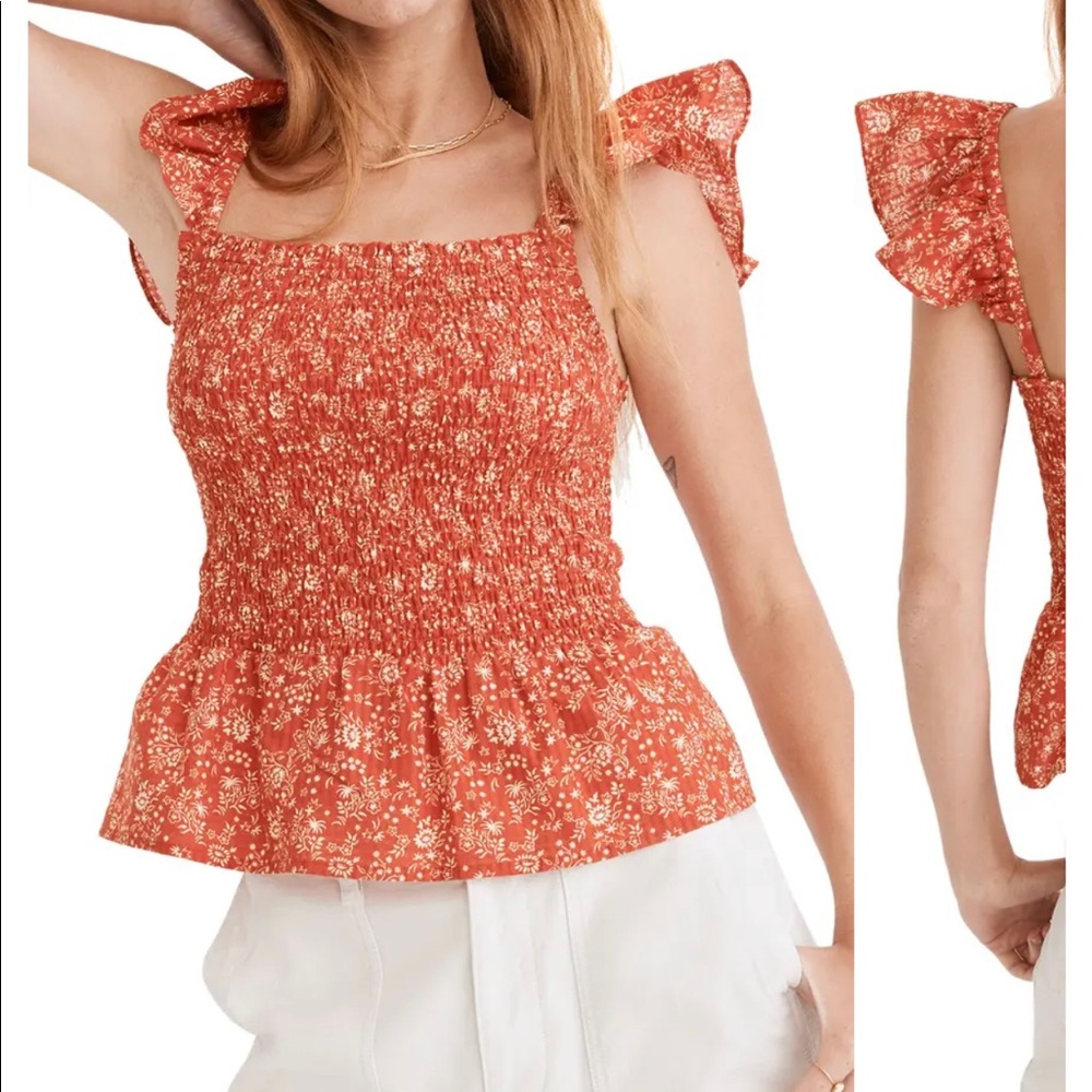 Red Floral Smocked Peplum Top, size 12, never worn
